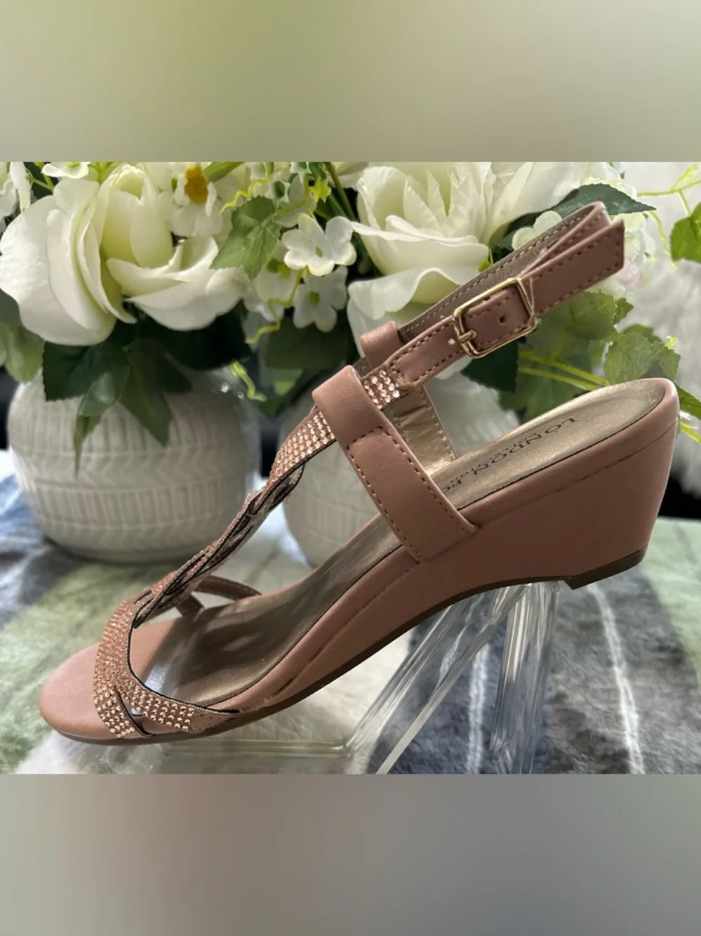 NEW London Fog Collection Women's Rose Gold Rhinestone Strappy Sandals, Size 6.5